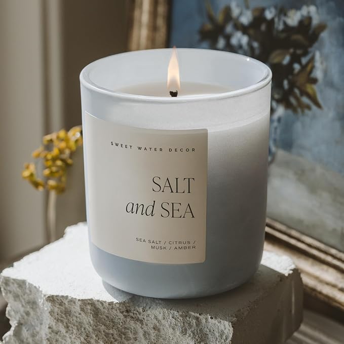 Sweet Water Decor Salt and Sea Scented Soy Candle, Scent Notes of Sea Salt, Citrus, Musk, and Amber, Non-Toxic Wax Blend, 70 Hour Burn, 15oz Blue Matte Jar for Home and Bedroom, Hand Poured in USA