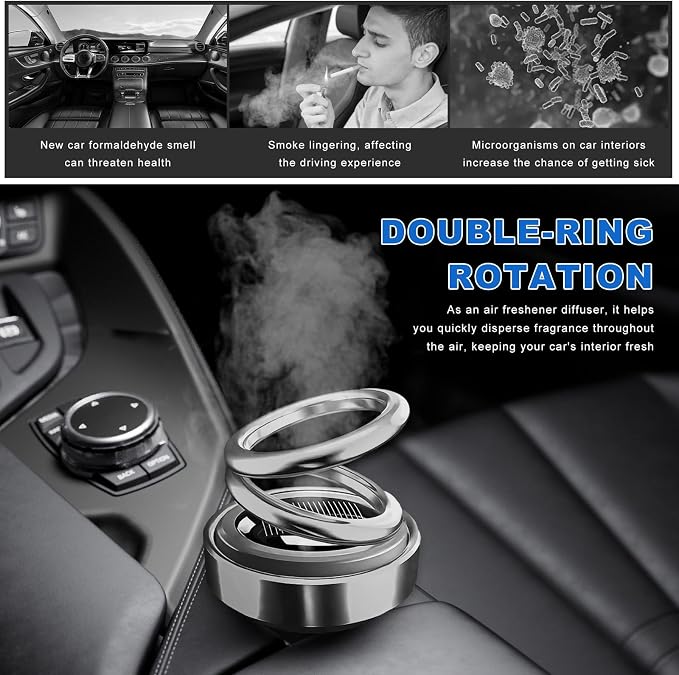 Solar Rotating Car Air Freshener, Solar Energy Refillable Car Dashboard Aromatherapy Ornament, Double Ring Fragrance Diffuser Decorative Accessories for Vehicle Home Office (Silver)
