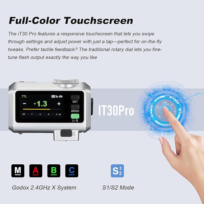 Godox iT30 Pro C TTL Mini Flash for Canon with Diffuser—HSS 1/8000s, 2.8" Full-Color Touchscreen, 2.4G Wireless X System, Magnetic Mount, Tilt/Swivel Camera Speedlight (Silver)