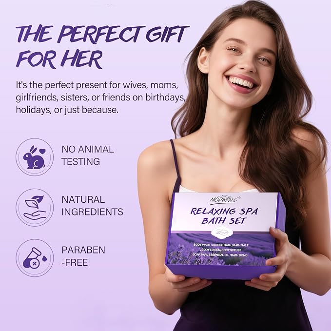 Relaxing Bath Gift Set for Women 8pcs Lavender Spa Gift Set Gift Baskets for women Mom Wife Sister Teen Best Friend Christmas Birthday Valentine's Mother's Day with Lavender Essential Oil Shea Butter