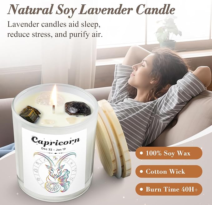 Capricorn Gifts for Women, Zodiac Capricorn Candle with Healing Crystals,Capricorn Birthday Gifts for Women, Mom, Sister, Friends, Meditation, Yoga, Relaxation (7oz)