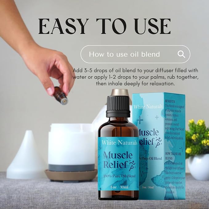 White Naturals Muscle Relief Essential Oil Blend – Natural Soothing Oil for Sore Muscles & Joint Discomfort, 100% Pure & Therapeutic Essential Oils for Relaxation, 1oz