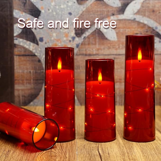 Eebuss Flameless Candles with Embedded Star String, Battery Operated LED Pillar Candles with Timer and Remote Control,Home Decorating for Ambiance， Set of 7 (Red)