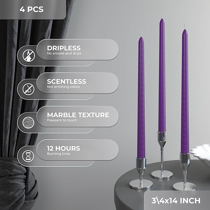 CANDWAX Purple 14 inch Taper Candles Pack of 4 - Unscented Smokeless Dripless Long Burning Christmas Tapered Candle Sticks - Perfect as Christmas Candle Sticks for Home Decor - Purple Taper Candles