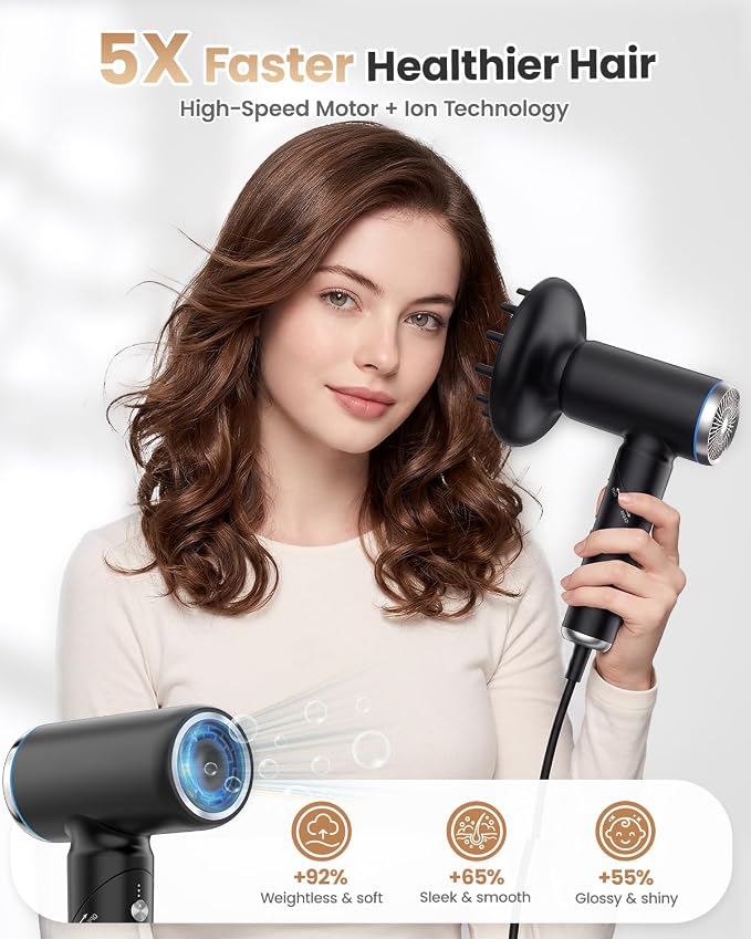 WEEYUM Travel Hair Dryer Dual Voltage for Europe Foldable, High Speed Ionic Blow Dryer Fast Drying,100-240V Portable Dryers with Magnetic Nozzles,1300W-black
