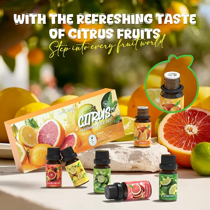 Soulorigin Citrus Essential Oils Set, Fragrance Oil Set for Diffuser, Scent Diffuser Oil for Candle Making- Blood Orange, Lemon, Bergamot, Lime, Grapefruit, Citrus