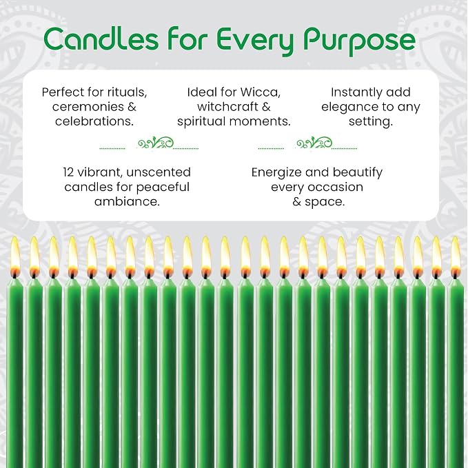 Box of 12 Green Candles | 4 inches Dripless Paraffin Wax Candles | Witchcraft Supplies for Your Personal Wiccan Altar, Spells, Charms & Intentions | Witchy Room Decor | Taper Candlesticks