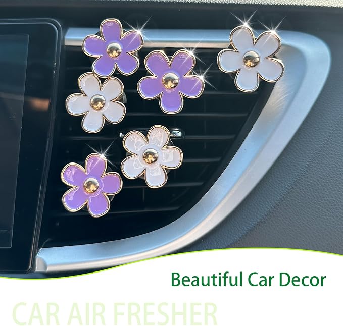 ORIESSE 6pcs Flowers Car Air Freshener Vent Clips Purple White Daisy Air Vent Clip Car Accessories for Women 3.3cm/3cm Flower Vehicle Interior Decor Refillable Diffuser