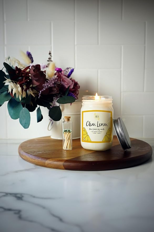 Aira Soy Candle – Clean Lemon – 12 oz Mason Jar – Hand-Poured USA – Long-Lasting Vegan Soy Wax Candle – Fresh Citrus Aromatherapy – Paraffin-Free, Kosher, Cruelty-Free