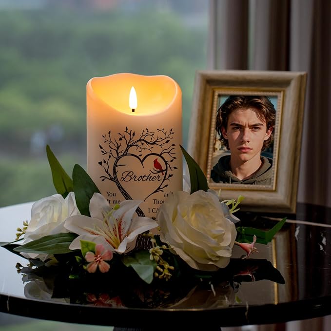 Flameless Memorial Candle, Real Wax LED Light with Remote Sympathy Bereavement Gifts for Loss of Loved One Sympathy Candles for Loss of Brother Remembrance Gifts (4" x 7")