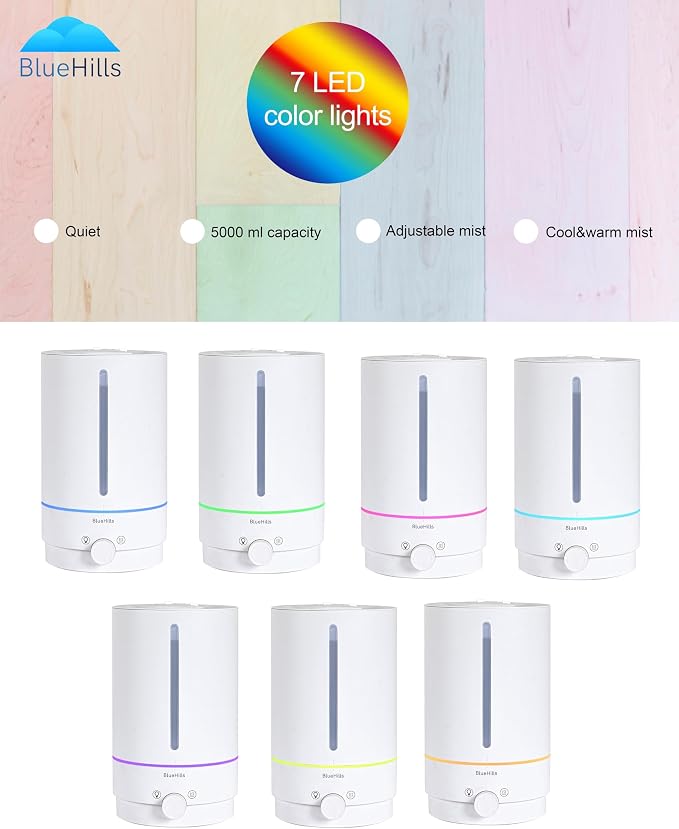 BlueHills Premium 5000 ML XL Cool and Warm Mist Ultrasonic Diffuser Humidifier Large Room Huge Coverage Area 5 Liter Big Capacity High Output 50 Hours Long Run Time Essential Oil Diffuser White W501