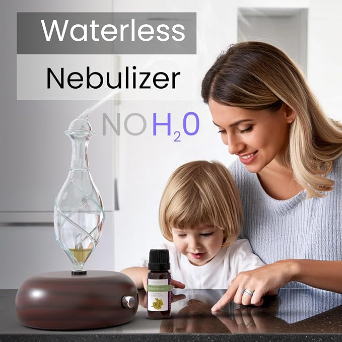 ArOmis Premium Glass Essential Oils Nebulizer - Waterless Diffuser for Aromatherapy - Handmade Oil Diffuser, Wooden Base, No Plastic, No Heat, No Battery, No LEDs - Orbis Nox Vitis