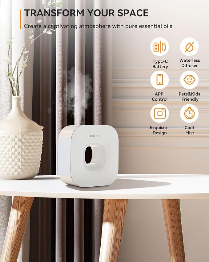 MEIDI Waterless Essential Oil Diffuser - Bluetooth Cordless Aromatherapy Diffuser with App Control, Smart Timer Setting, Hang-up Design and Wide Coverage for Home, Office, Hotel and SPA (White)