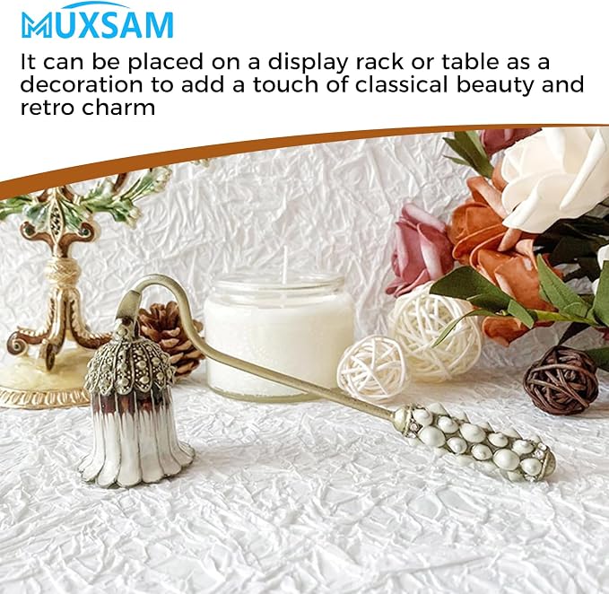 MUXSAM Vintage Candle Snuffer, Candle Extinguisher with Long Handle, Metal Wick Flame Snuffer for Putting Out Candle Flame Safely, Floral Candle Snuffers Accessory for Candle Lovers, White