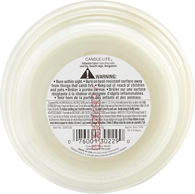 Candle-lite Scented Candles, Saltwater Lotus Fragrance, One 18 oz. Single-Wick Aromatherapy Candle with 110 Hours of Burn Time, White Color (Pack of 4)