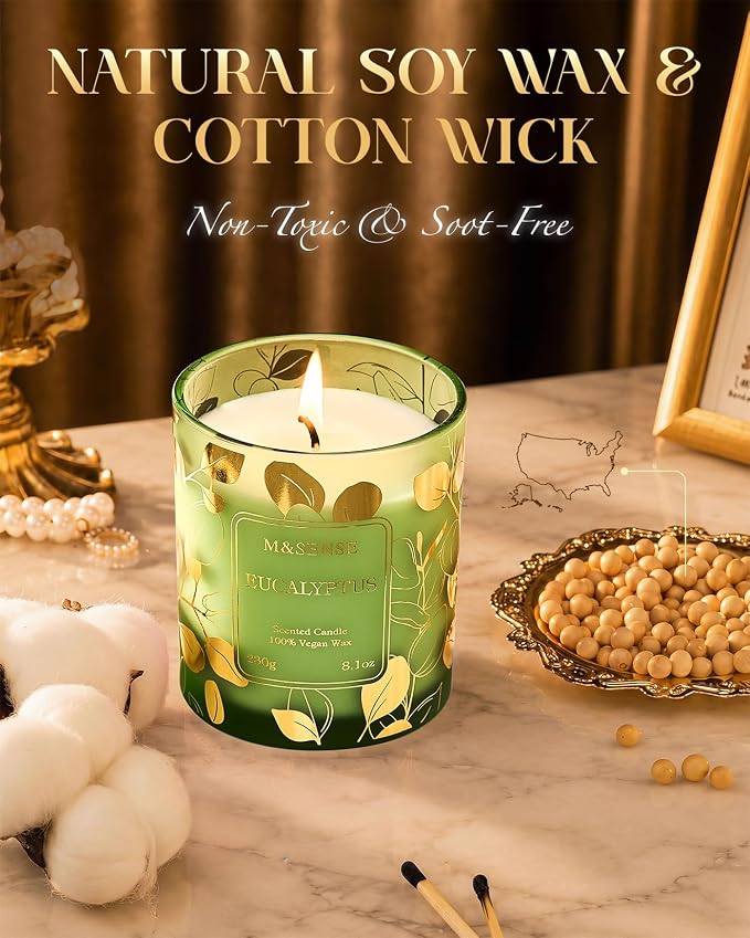 M&SENSE Eucalyptus Soy Candle, 8.1oz 42-Hour No Toxin Slow Burning, Cool Spa Aromatheraphy, Summer Shower Wellness Gift