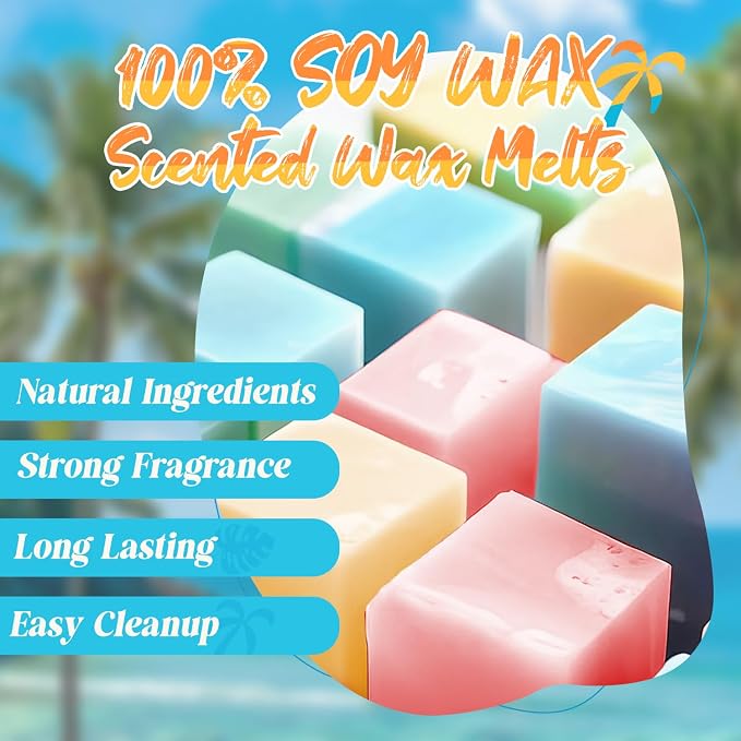 ARVIDSSON Summer Scented Wax Melts, Tropical Soy Wax Cubes for Warmer, Strong Scent Fragrance Melts, Ocean Breeze, Pina Colada, Fresh Cotton, Pineapple and More, Candle Melts Gift Set