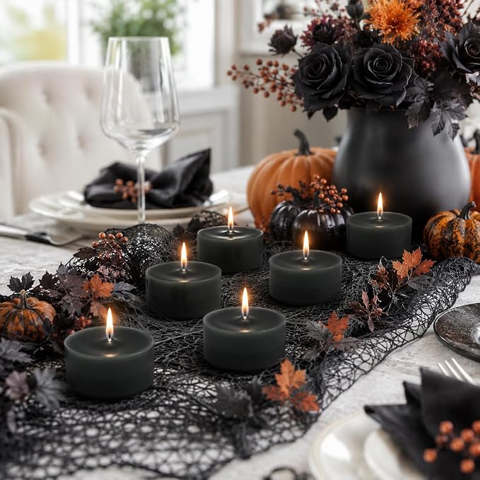 Black Tea Lights Set of 24, Sandalwood Scented Tealight Candles, Handmade Tea Candles, Long Burning Tealights for Wedding Halloween Home Decor Gift