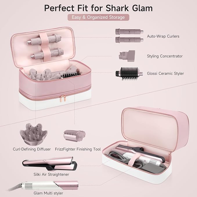 Travel Hair Dryer Case for Shark Glam, Portable Hair Tools Bag for Shark FlexFusion, Double-Layer Storage Carrying Case for FlexStyle Blow Dryer, Silki Straightener & Glossi Attachments Holder (Pink)
