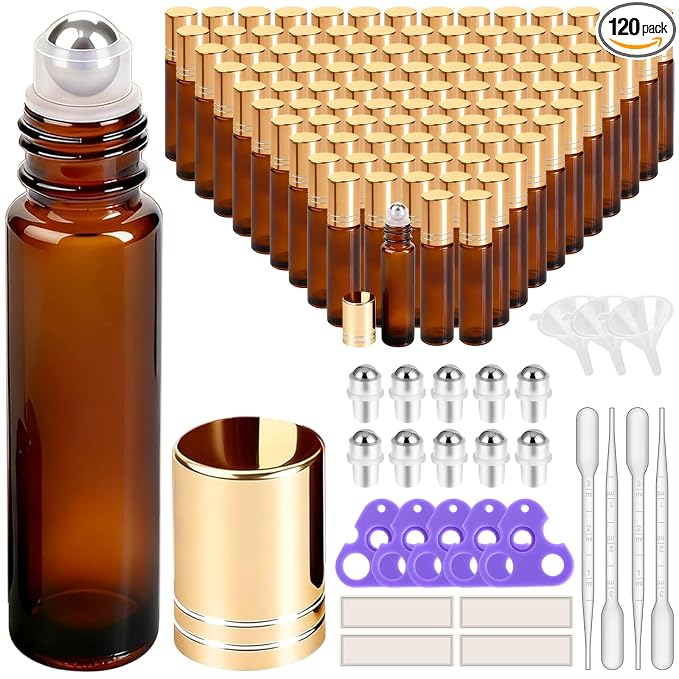 PrettyCare Set of 120, Bulk 10 ml Essential Oil Roller Bottles with Stainless Steel Roller Ball - Refillable Leak-proof Empty Thick Amber Glass Roll on Bottles with Golden Caps for Travel, Perfume