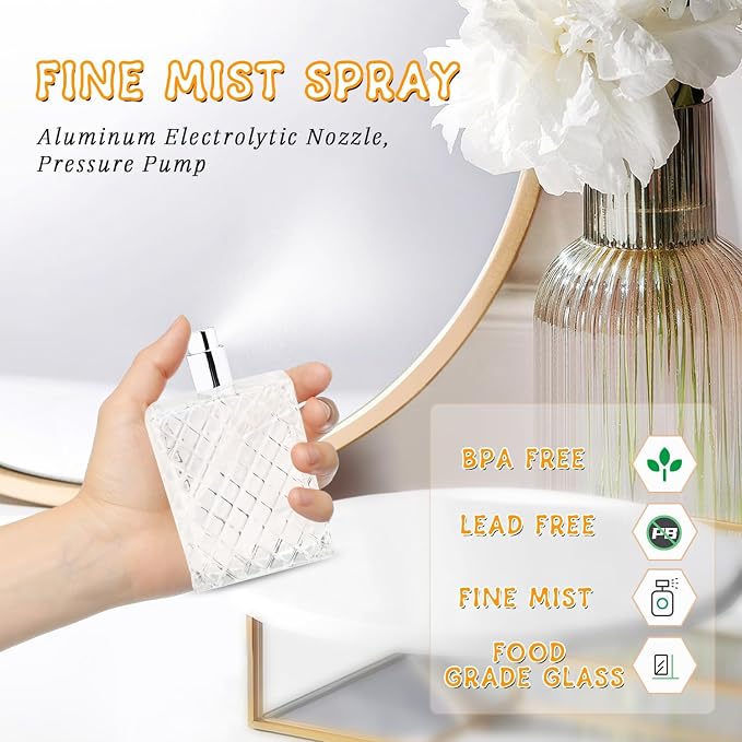 Refillable Spray Perfume Bottles,6 Pack 100ml Glass Fine Mist Spray Bottle,Empty Travel Square Clear Glass Replacement Container Dispensers for Essential Oil,Cologne-Funnels,Pipette Included