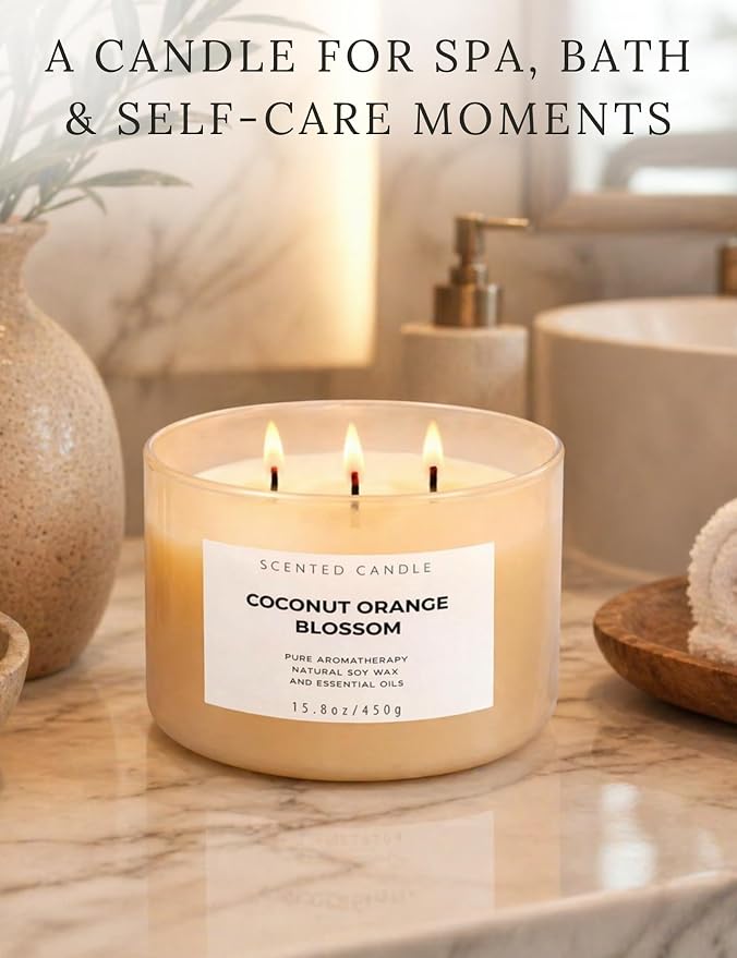 Coconut Orange Blossom Candle | 3-Wick Large Soy Candle 15.8 oz | Creamy Tropical Citrus Floral Scented Candles for Home | Strong Throw, Clean Burn Long Lasting | Aromatherapy Gift for Women