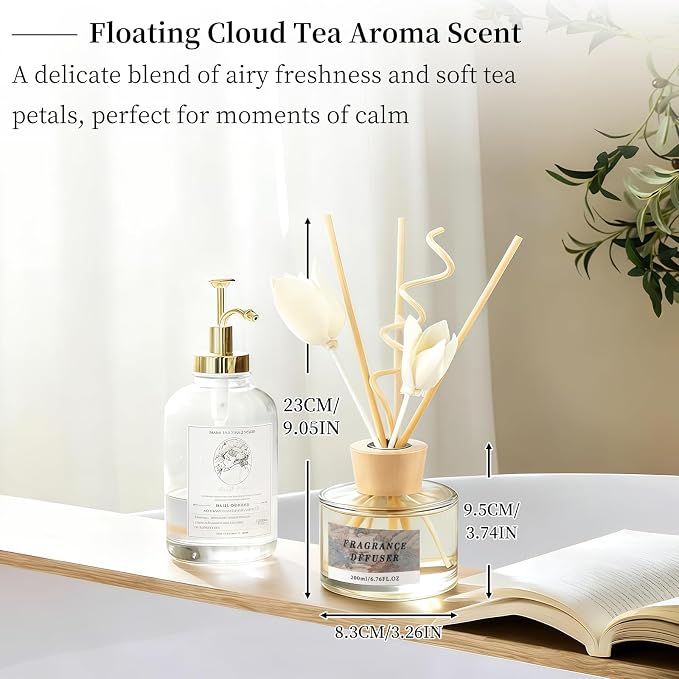 6.7 fl oz Reed Diffuser Set, Floating Cloud Tea Aroma Scent, Essential Oil Diffuser with Reed Sticks, Air Freshener for Home Fragrance, Bathroom Decor, Bedroom, Office Shelf Décor (200ml)