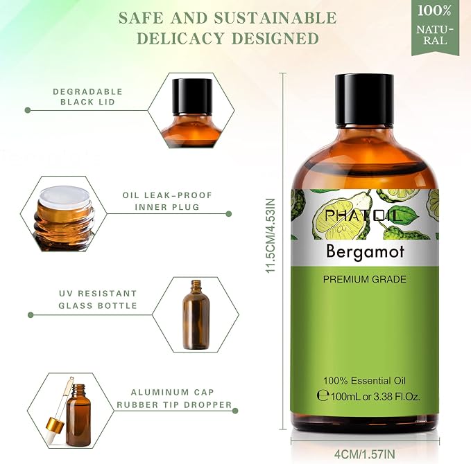 PHATOIL 3.38FL.OZ Bergamot Essential Oil, for Aromatherapy Diffusers, Humidifiers, Great for DIY Candle and Soap Making, Huge 100ML Bottle