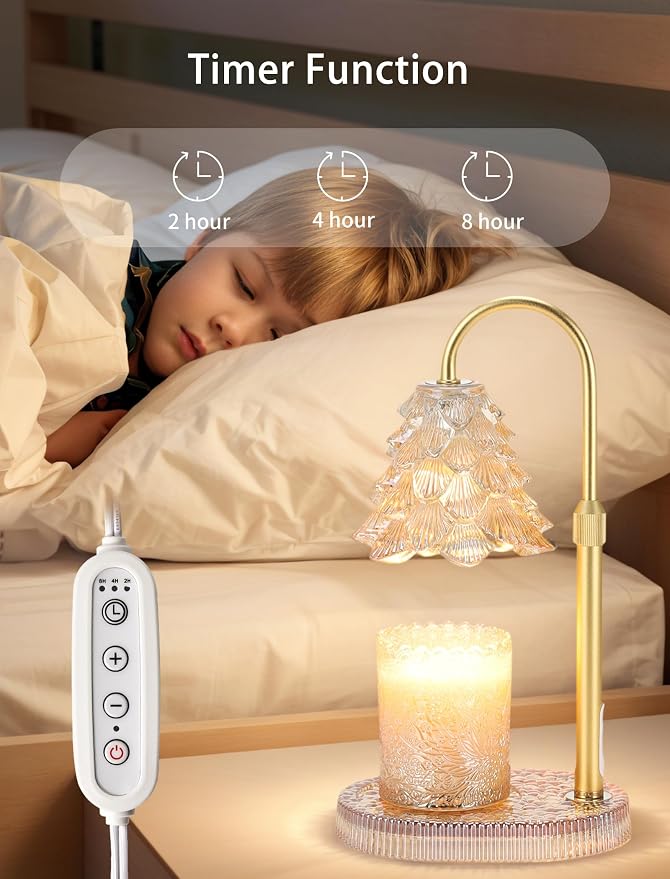 Candle Warmer Lamp with Timer & Dimmer, Crown Glass Lamp Candle Warmer for Jar Candles, 2 Bulbs, Height Adjustable Electric Wax Warmer for Elegant Home Decor (Golden Glow Tree)