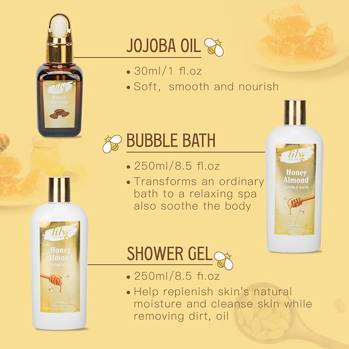 Honey Almond Spa Gifts Bath Kit - 7Pcs Moisturizing Spa Set for Women & Men