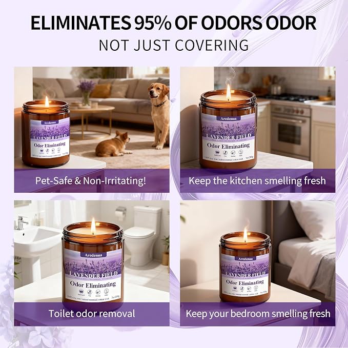 Lavender Odor Eliminating Candles | Eliminates 95% of Pet, Smoke & Bathroom Odors – 7oz Hand Poured Soy Candle - Aromatherapy Stress Relief Scented Candles - Relaxing Gifts for Calm & Fresh Homes