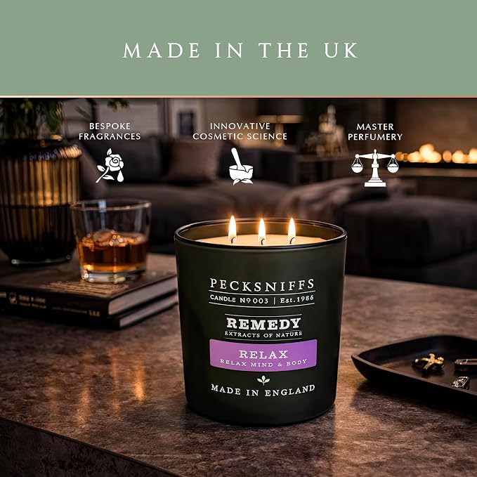 Pecksniff's Aromatherapy Relax Candle 3 Wick 19.4 oz/550 g, Earthy Green Fragrance, Stress Relief, Long Lasting Luxury Glass Candle for Home Decor and Gifts