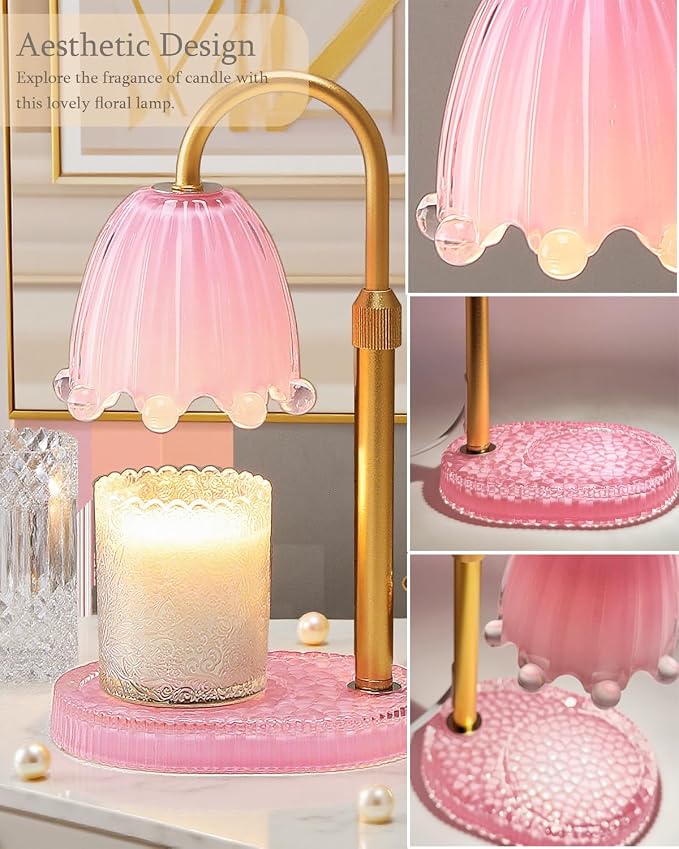 Flower Candle Warmer Lamp with Timer, Vintage Adjustable Glass Warmer Light for Jar Candles, Electric Wax Warming Melter, Gifts for Women Mom, Bedroom Decor (Pink-Flower)