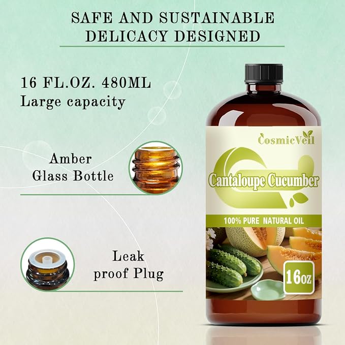 Cucumber Melon Essential Oil for Aroma Diffuser,Humidifier,Home Fragrance,Cleaning,Body Care,Massage,Yoga,DIY Candle,DIY Soap CosmicVeil（Cucumber Melon，16 Fl Oz (Pack of 1)）