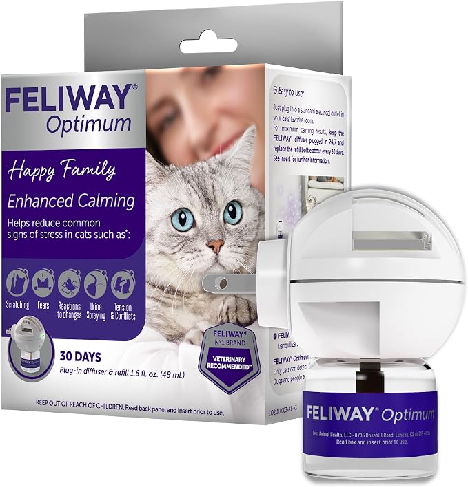 FELIWAY Optimum Cat Calming Diffuser Kit – Advanced Support to Help Reduce Urine Spraying, Scratching, Fighting and Hiding due to Stress – 30‑Day All in One Cat Pheromone Plug In Diffuser