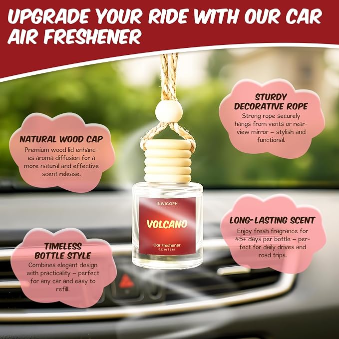 Premium Car Air Freshener Diffuser Set (2 Pack) - Volcano Fragrance Oil, 45+ Day Long-Lasting Hanging Auto Freshener
