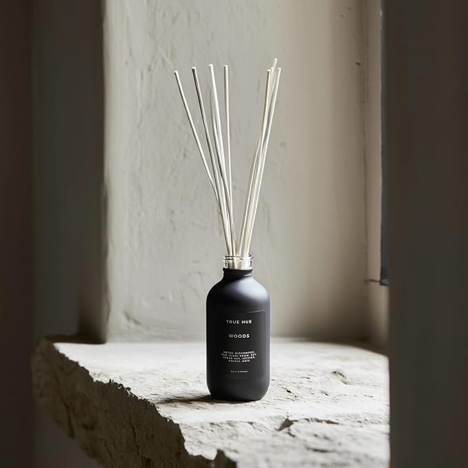 Luxury Reed Diffuser| True Hue | 3.75 fl oz | Glass and Rattan | Lasts for 2-3 Months | Fragrance Diffusers for Home | Handmade in USA (Woods)