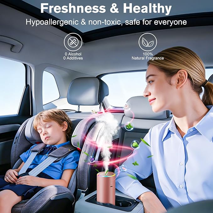 Car Air Freshener, Smart Car Air Fresheners Diffuser with 100ml Fragrance, Long Lasting Lasts 6 Months, RGB Music Syncing Light, Auto On/Off, 5 Adjustable Car Aroma Diffuser for Women, Rose Gold