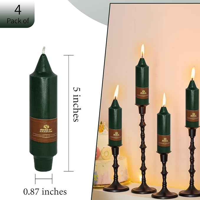 Hunter Green Taper Candles Unscented Tapered Candlesticks 5 Inch Dinner Candle 4 PCS Smokeless Candle for Christmas Household Wedding Home Decor