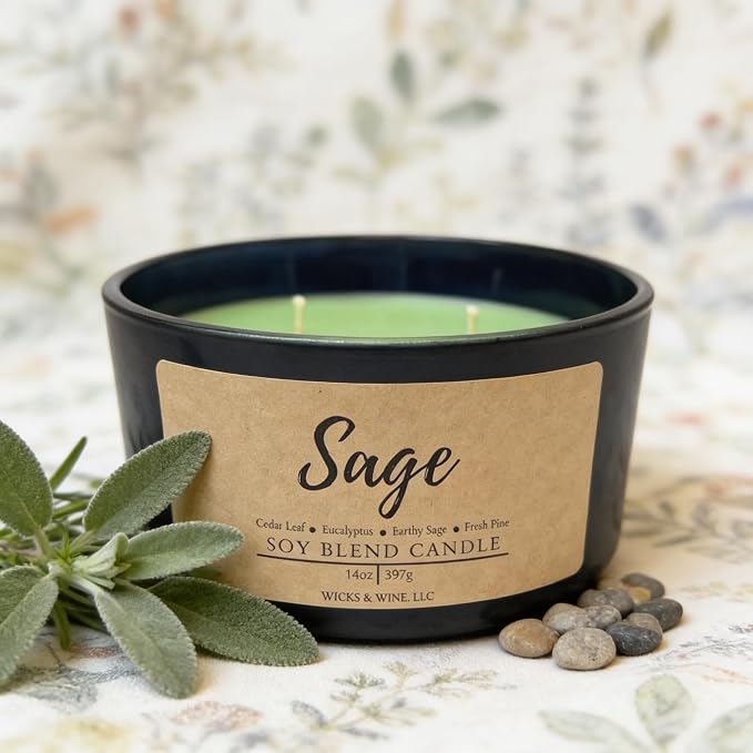 Wicks & Wine Soy Blend 3-Wick Cotton CORE Candle 14oz (Sage)