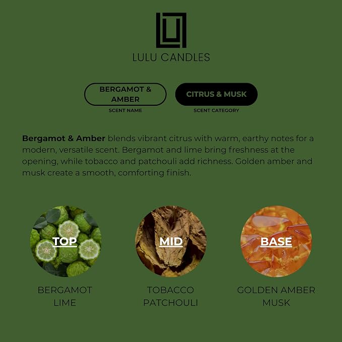 Lulu Candles | Bergamot & Amber | Smells Like Citrus & Musk | Luxury Scented Soy Jar Candle | Hand Poured in The USA | Highly Scented Long Lasting (9 Oz.)