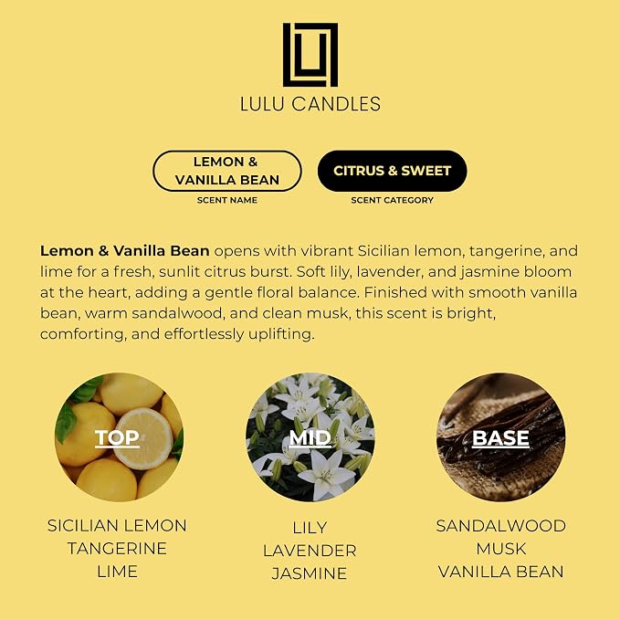 Lulu Candles | Lemon & Vanilla Bean | Luxury Scented Soy Jar Candle | Hand Poured in The USA | Highly Scented & Long Lasting (9 Oz. 2 Pack)