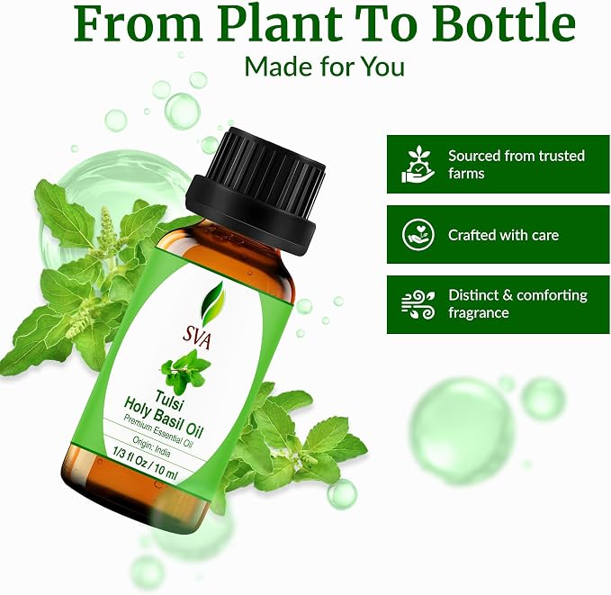 SVA Holy Tulsi Essential Oil – 1/3 Fl Oz – 100% Natural Tulsi Oil - for Diffuser, Hair Care, Face, Skin Care, Aromatherapy, Scalp and Body Massage, Soap and Candle Making