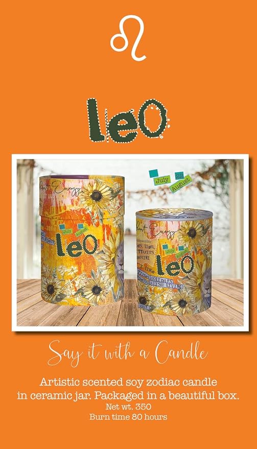 Leo Zodiac Candle – Jasmine Scented Soy Candle – Astrology Gift for Women – 80 Hour Burn – Reusable Ceramic Jar