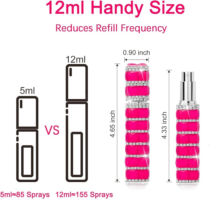 Travel Perfume Atomizer Refillable Bottle, 12ml Rhinestone Mini Perfume Bottles Empty Refillable Travel Atomizer Sprayer with Funnel (1Pc-HotPink)