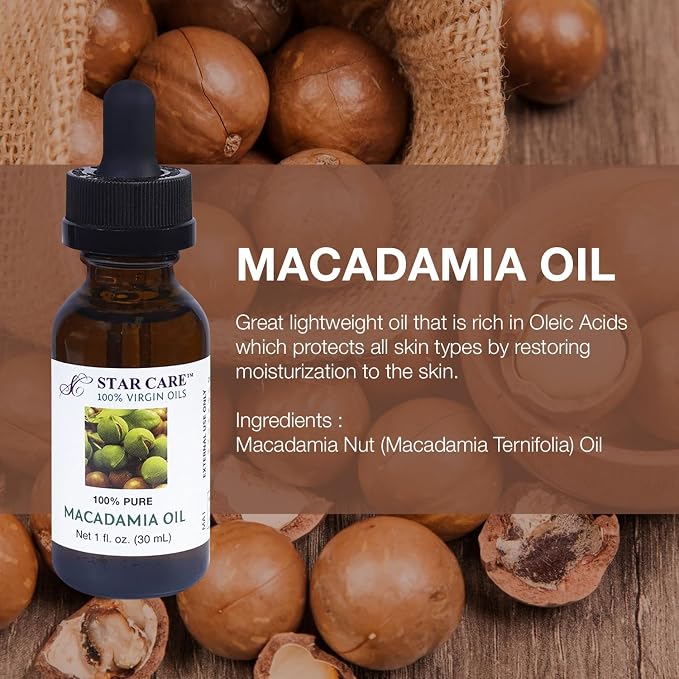 100% Pure Macadamia Oil 1 oz (30ml) Premium Virgin Macadamia Nut Oil for Hair Skin Face Nails Deeply Moisturizing Fast-Absorbing Carrier Oil with Dropper