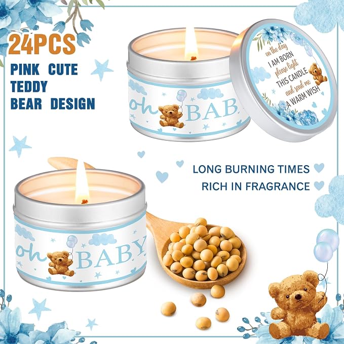 MTLEE 24 Pcs Bear Baby Shower Party Favors Candles Lavender Scented Baby Shower Favors for Guests Rustic Tealights Candles Gender Reveal Return Gifts (1.2 oz, Blue)