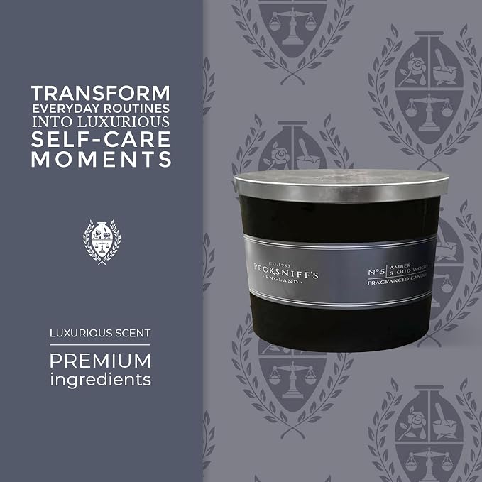 Pecksniffs Luxurious Black Tall Amber & Oud Wood Scented Candle | 3 Wicks, 283g/9.9oz