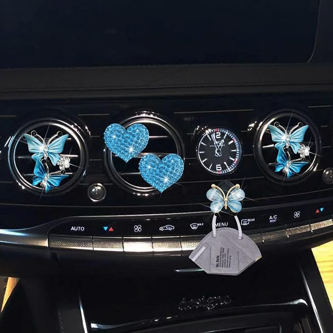Blue Heart & Butterfly Air Vent Clips, 4 Pcs Bling Heart Air Fresheners Vents Clips Car Diffuser Diamond Interior Decor Charm Cute Accessories + Cute Mask Hook