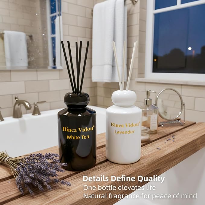 Reed Diffuser Set, Binca Vidou Lavender & White Tea Natural Scent Oil Diffusers with Sticks for Home Office Bathroom Aromatherapy Decor Black&White Series 3.38oz x 2